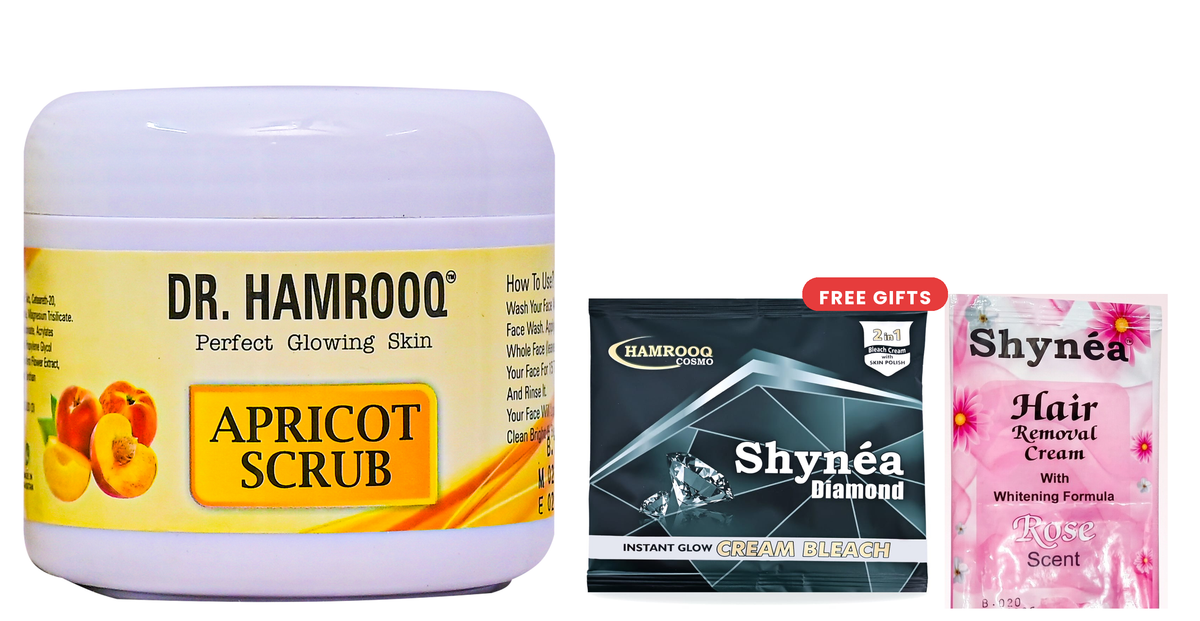 Dr. Hamrooq Apricot Urgent Facial Scrub + FREE Bleach Cream & Hair Removal Cream