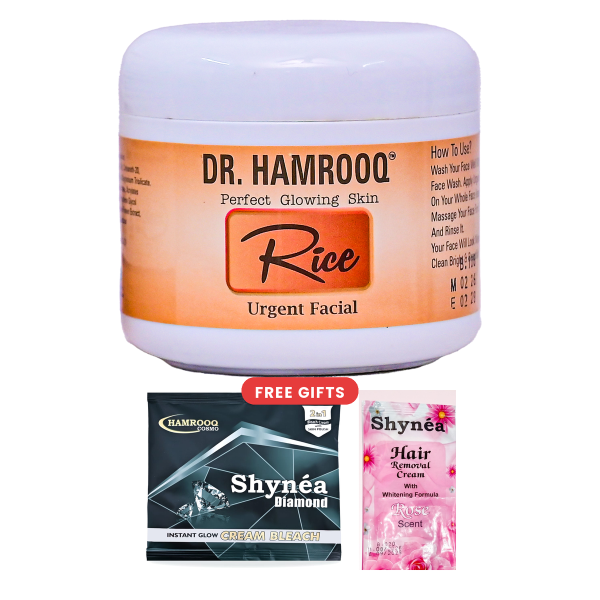 Dr. Hamrooq Rice Urgent Facial Scrub + FREE Bleach Cream & Hair Removal Cream